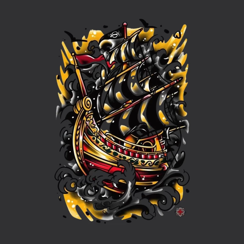 Artistic Pirate Ship Design Throw Pillow