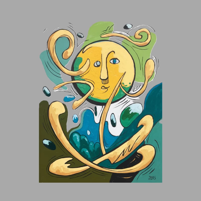 Surreal Abstract Face with Green Hat and Curvy Lines Male Pullover Hoodie