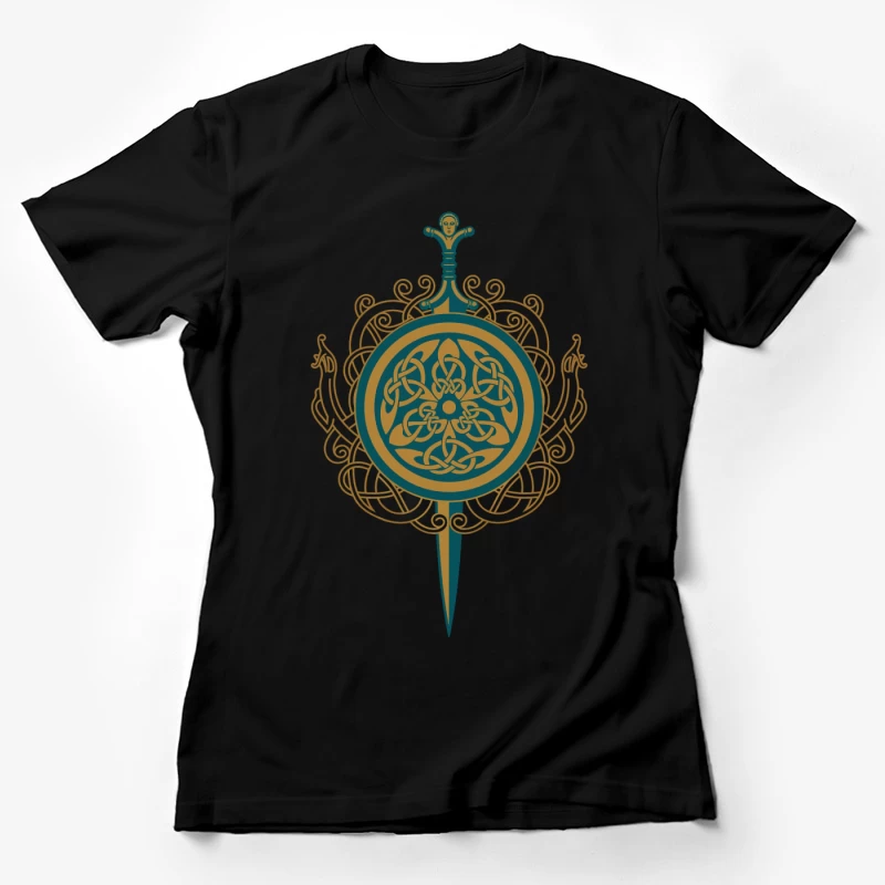 Intricate Celtic Knot Shield and Sword Design Female T-Shirt