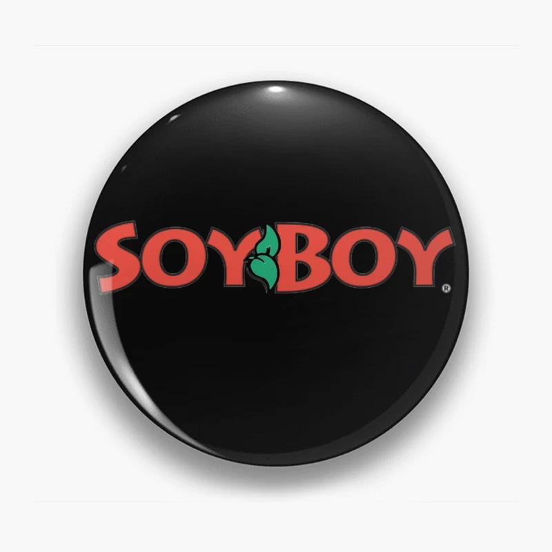 Soyboy Brand Logo with Red Letters and Green Leaf Design Pin