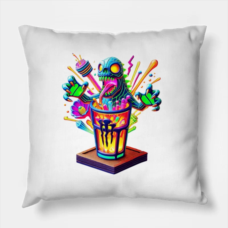 Psychedelic Monster Bursting from Colorful Drink Cup Throw Pillow