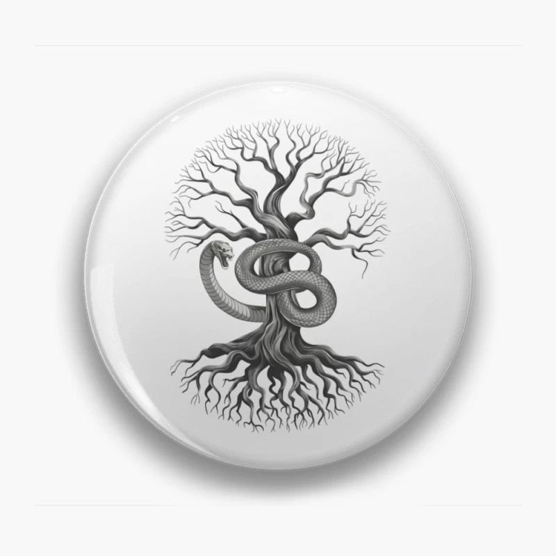 Surrealist Tree of Life with Mythological Snake Illustration Pin