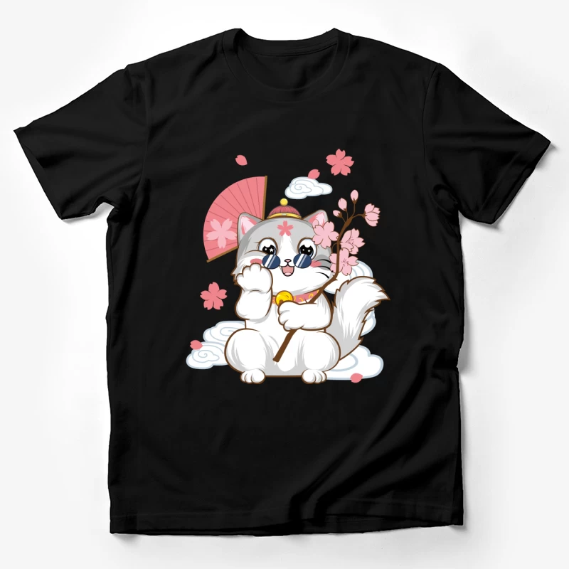 Niedliche Katze mit Kirschblüten und Fächer Herren T-Shirt