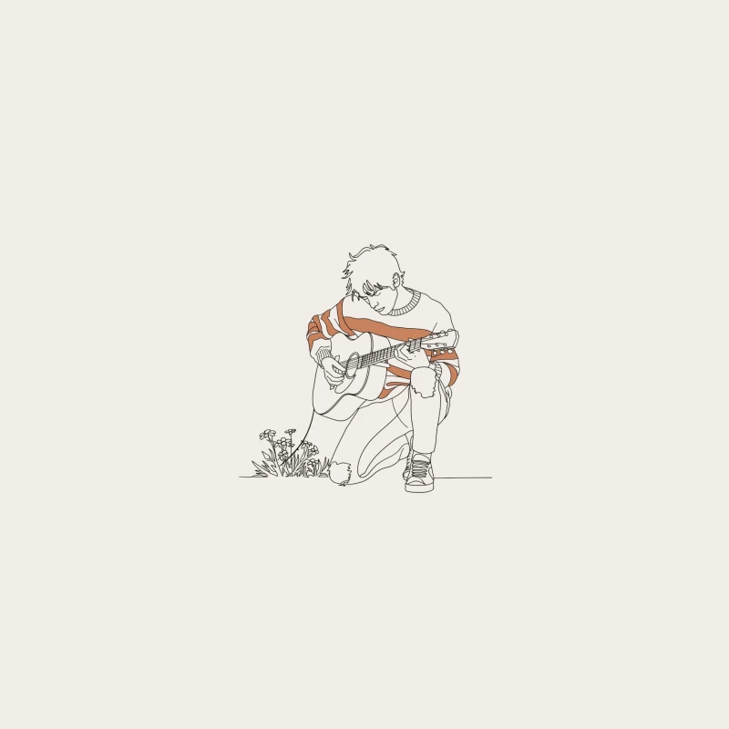 Line Drawing of Guitar Player in Striped Sweater with Flowers Bucket Hat