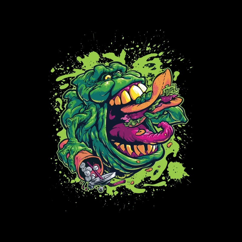 Colorful Monster Eating Food Illustration Tapestry