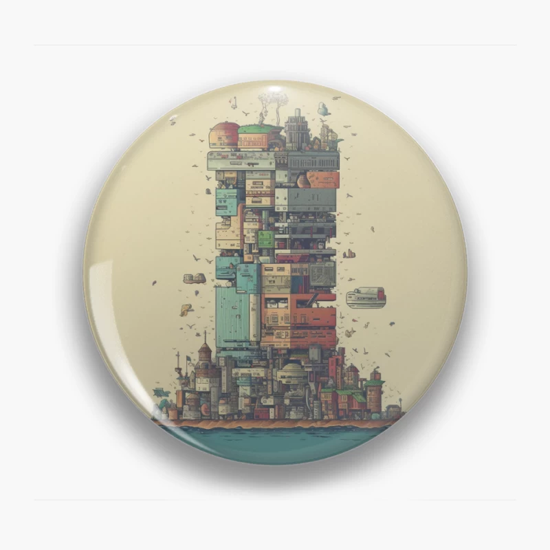 Retro-Futuristic Vertical City Island Pin