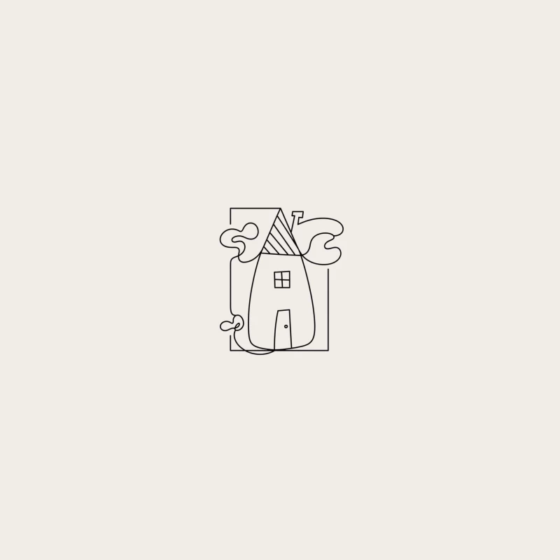 Simple Cartoon House Outline with Clouds Bucket Hat