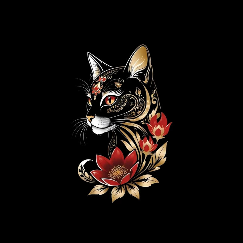 Decorative Black Cat with Flowers Tapestry