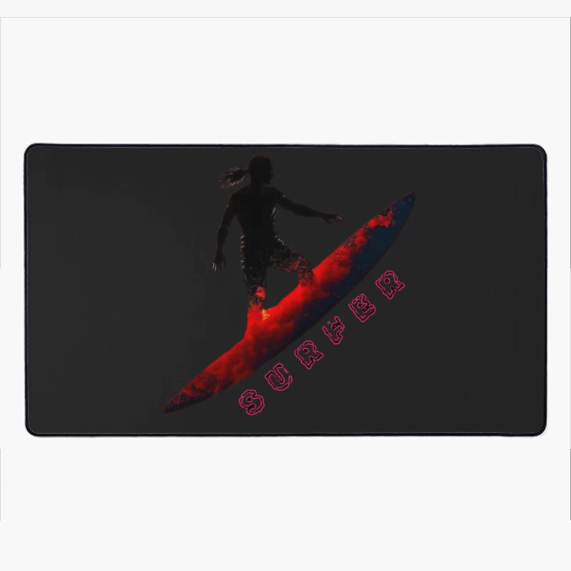 Dynamic Surfer Silhouette with Red Wave Effect Desk Mat