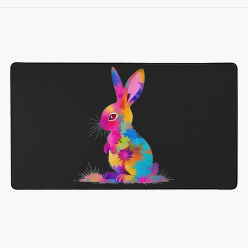 Vibrant Tie-Dye Watercolor Bunny Illustration Desk Mat