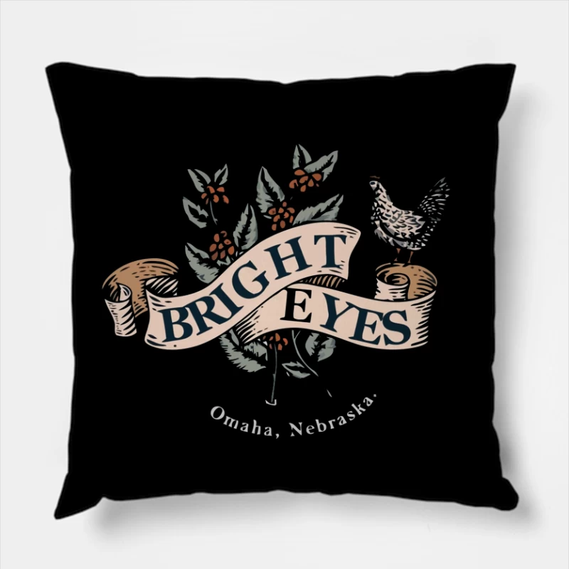 Bright Eyes Vintage Botanical Banner Design from Omaha Throw Pillow