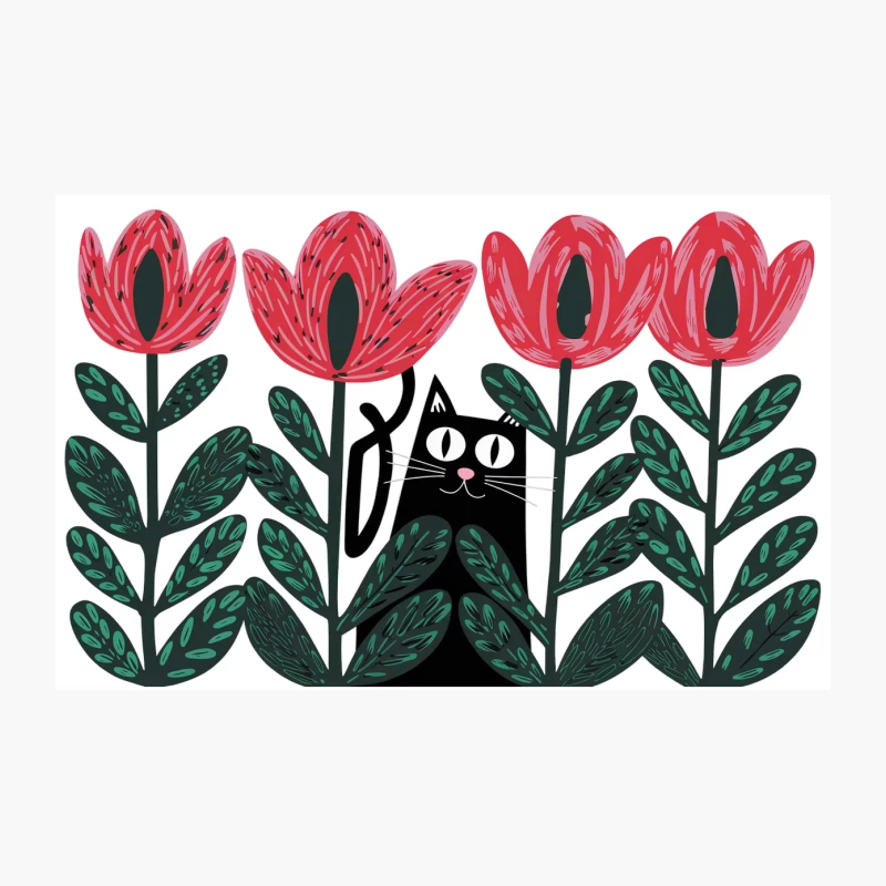 Whimsical Illustration of Cat Hiding Among Tulips Travel Mug