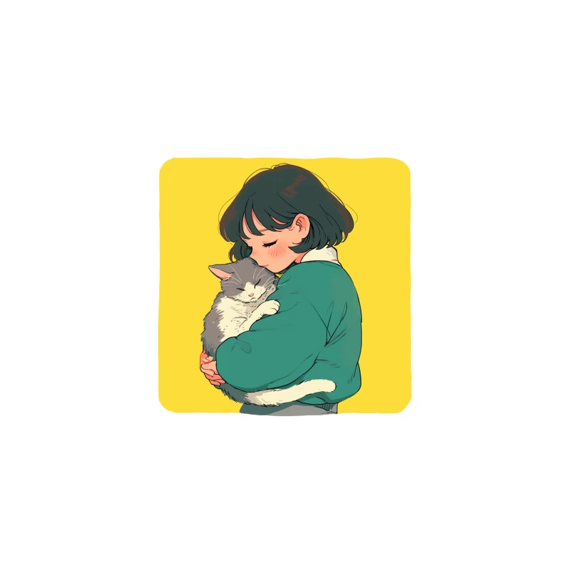 Gentle Embrace: Girl in Green Cuddling Gray Cat Desk Mat