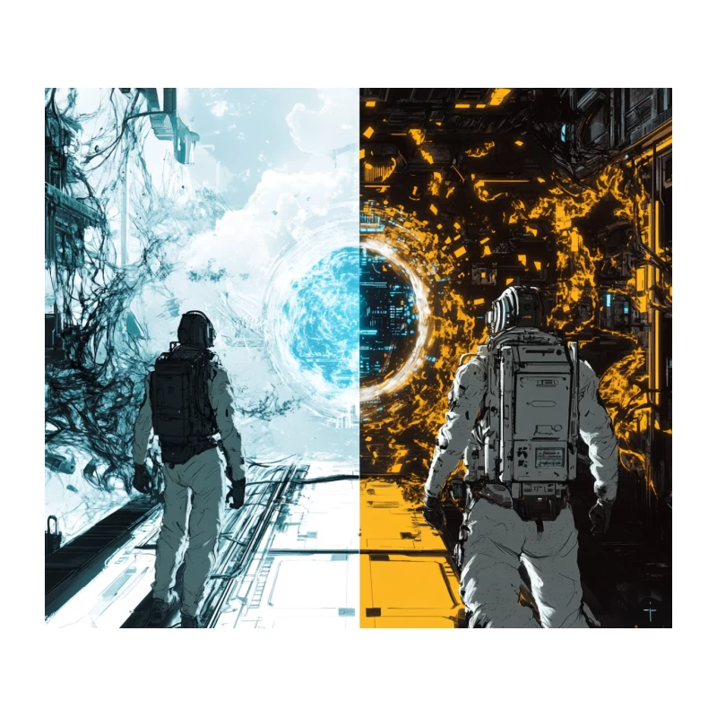 Dual Worlds: Astronaut's Journey Through Space and City Tapestry