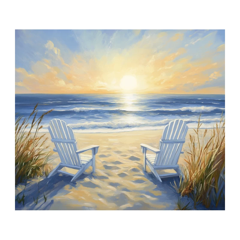 Serene Coastal Sunset with Adirondack Chairs Tapestry
