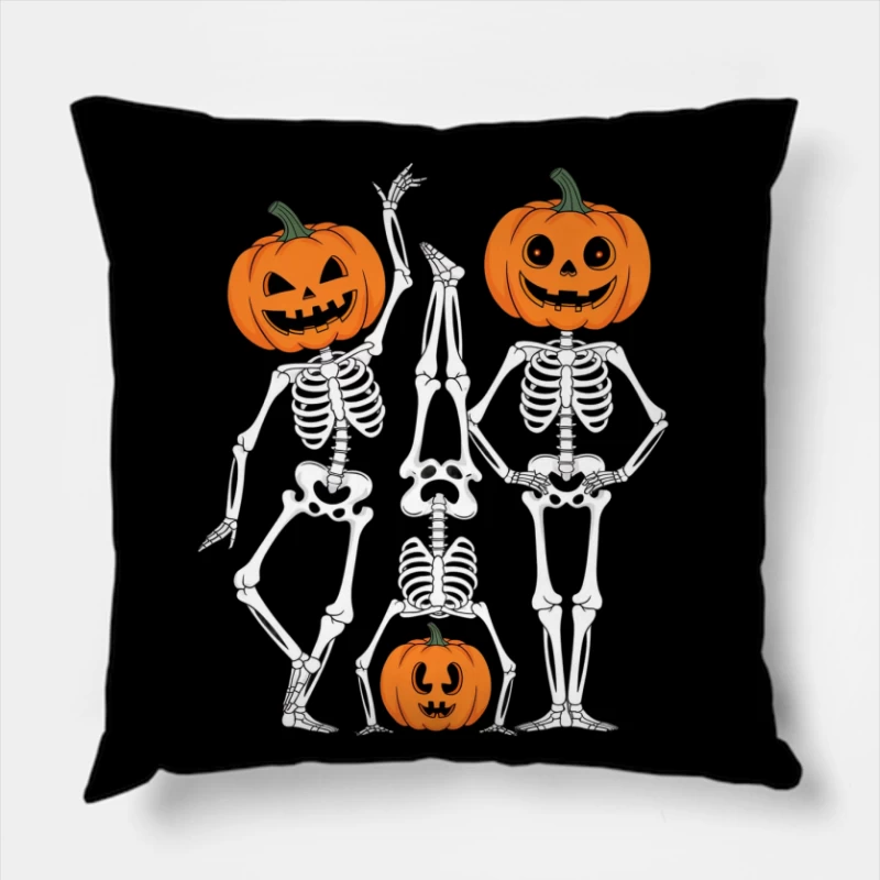 Spooky Halloween Pumpkin-Headed Skeletons Illustration Throw Pillow