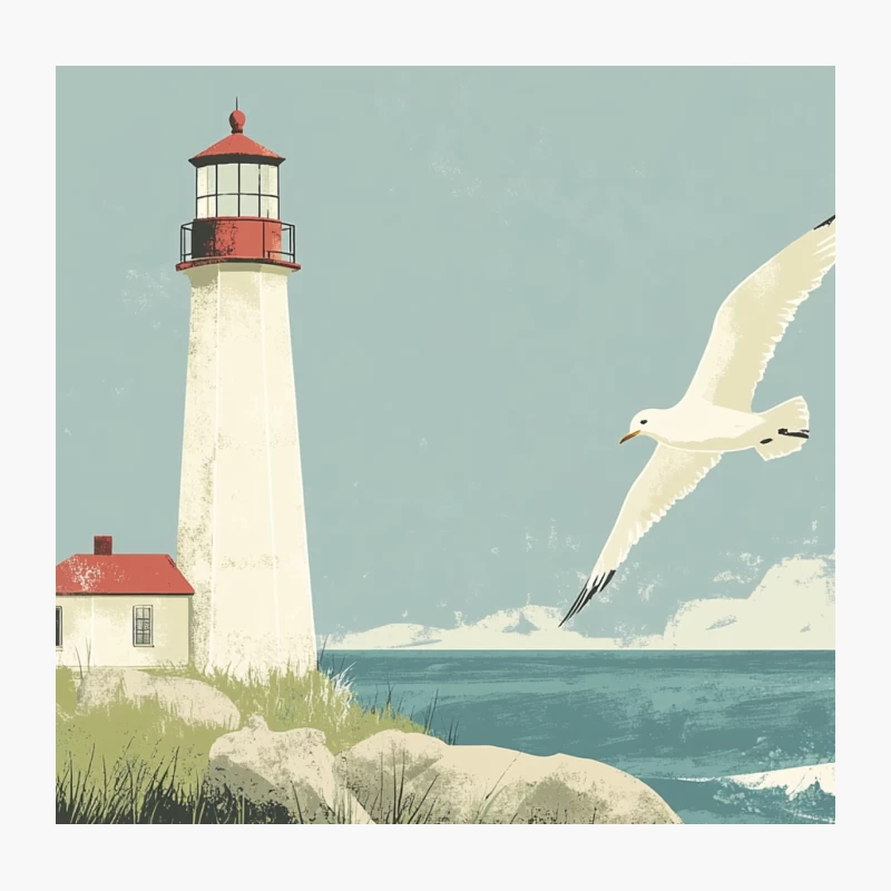 Coastal Lighthouse Scene with Soaring Seagull Throw Pillow