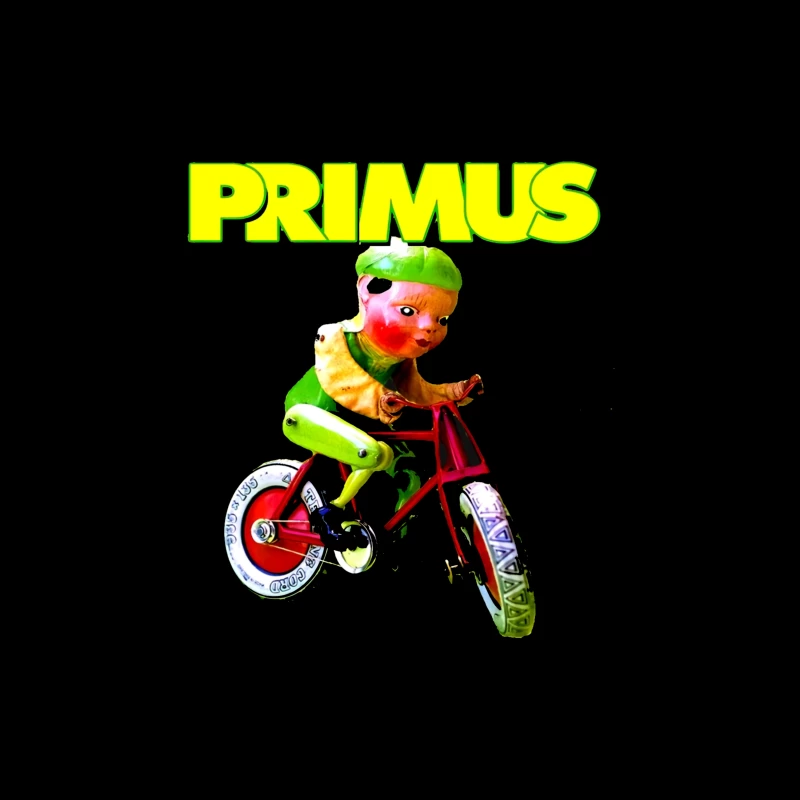 Primus Band Logo with Surreal Vintage Toy Bicycle Art Throw Pillow