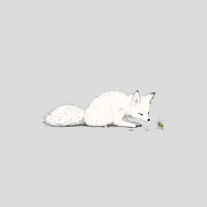 Minimalist Black and White Illustration of Arctic Fox Meeting Bug Baseball Cap