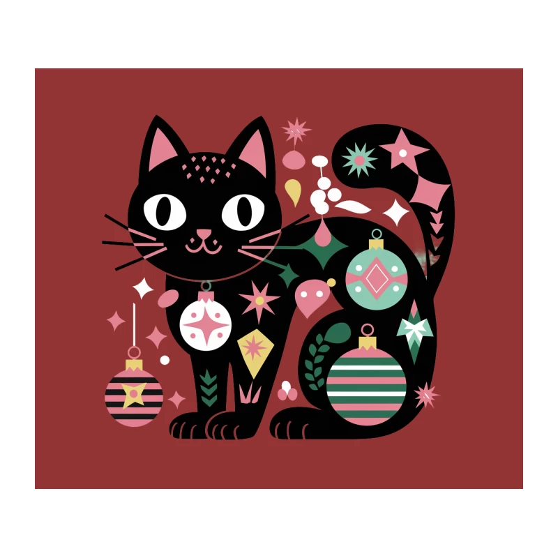 Festive Black Cat with Christmas Ornaments Illustration Tapestry