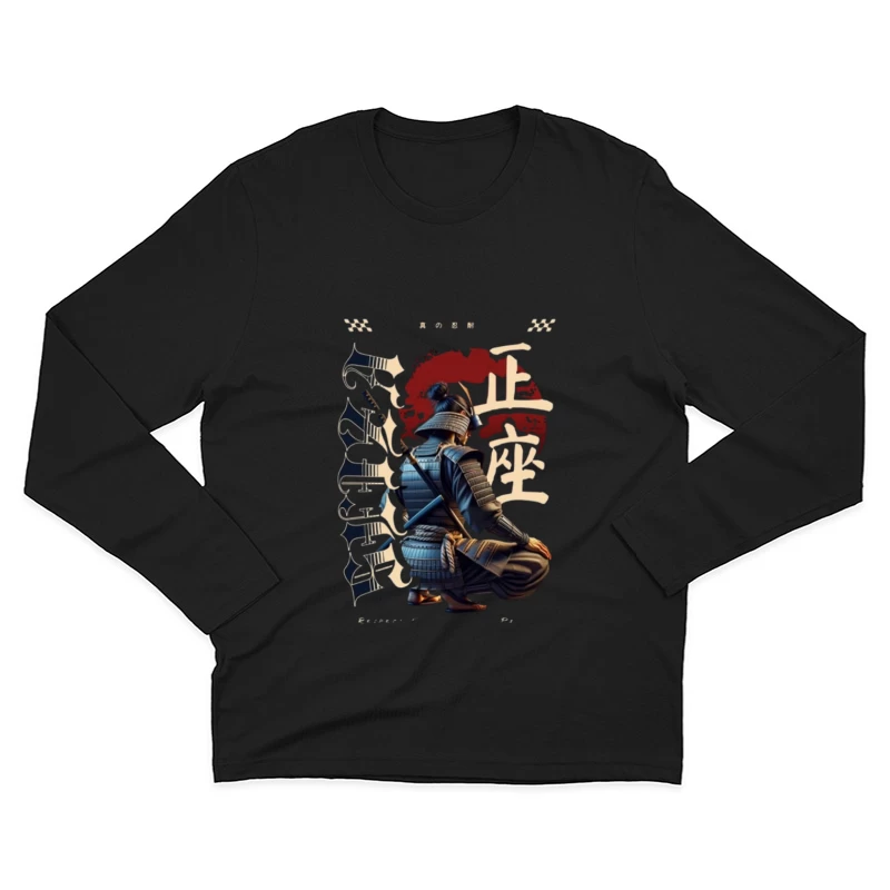 Kneeling Samurai Warrior with Traditional Japanese Calligraphy Male Long Sleeve T-Shirt