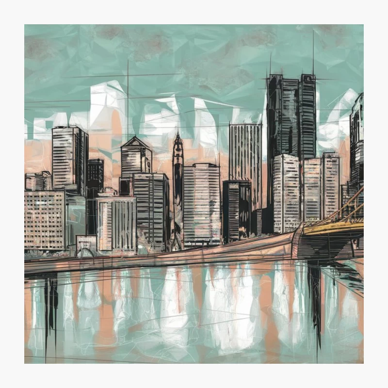 Artistic Urban Skyline with Bridge Reflection Pin