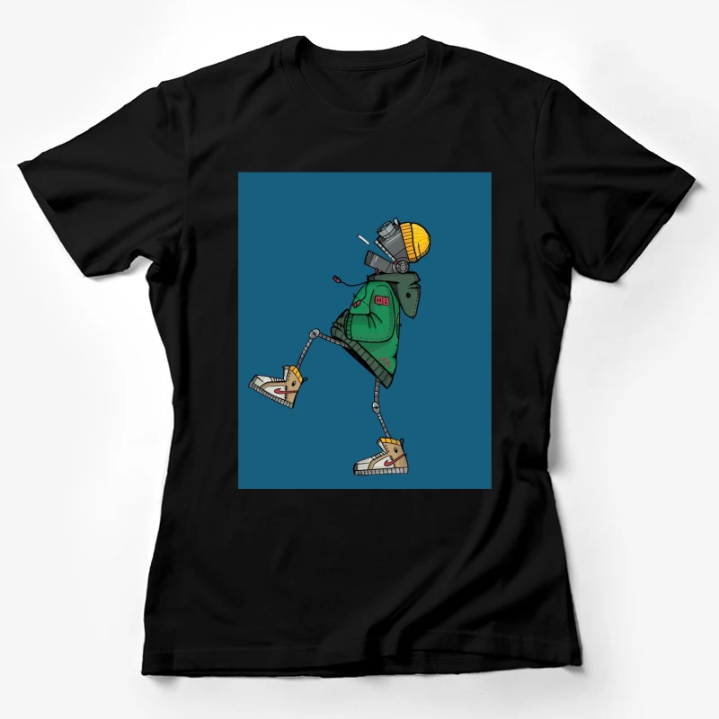 Stylish Robot in Green Jacket and Sneakers Female T-Shirt