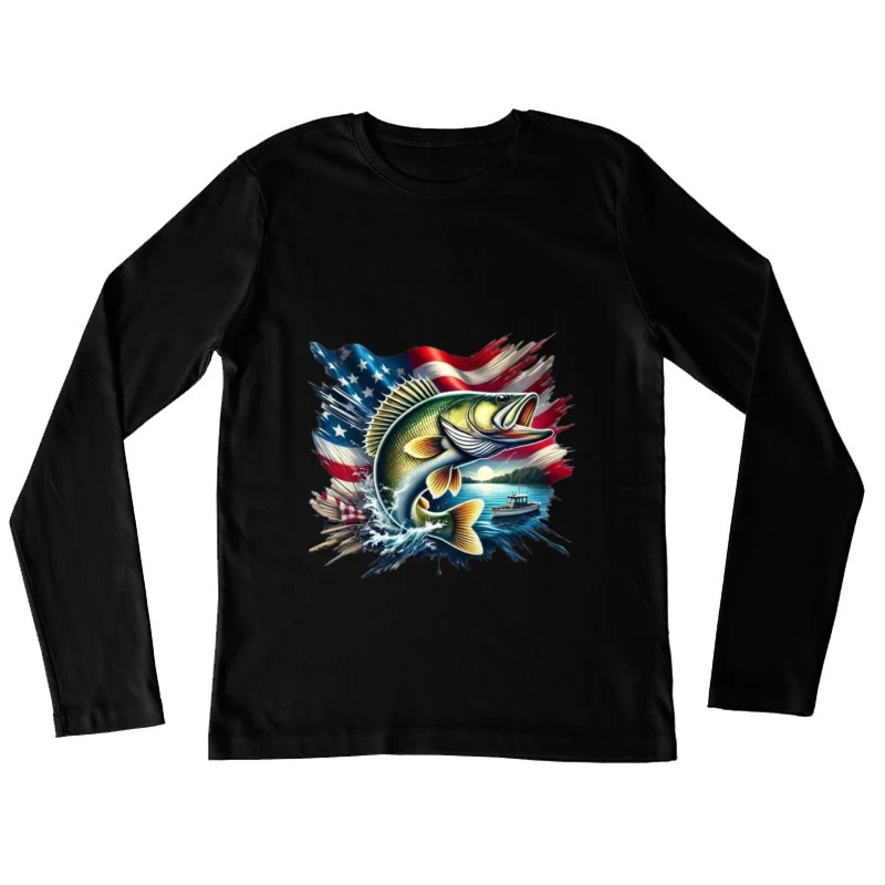 Dynamic Fish with American Flag and Scenic Background Female Long Sleeve T-Shirt
