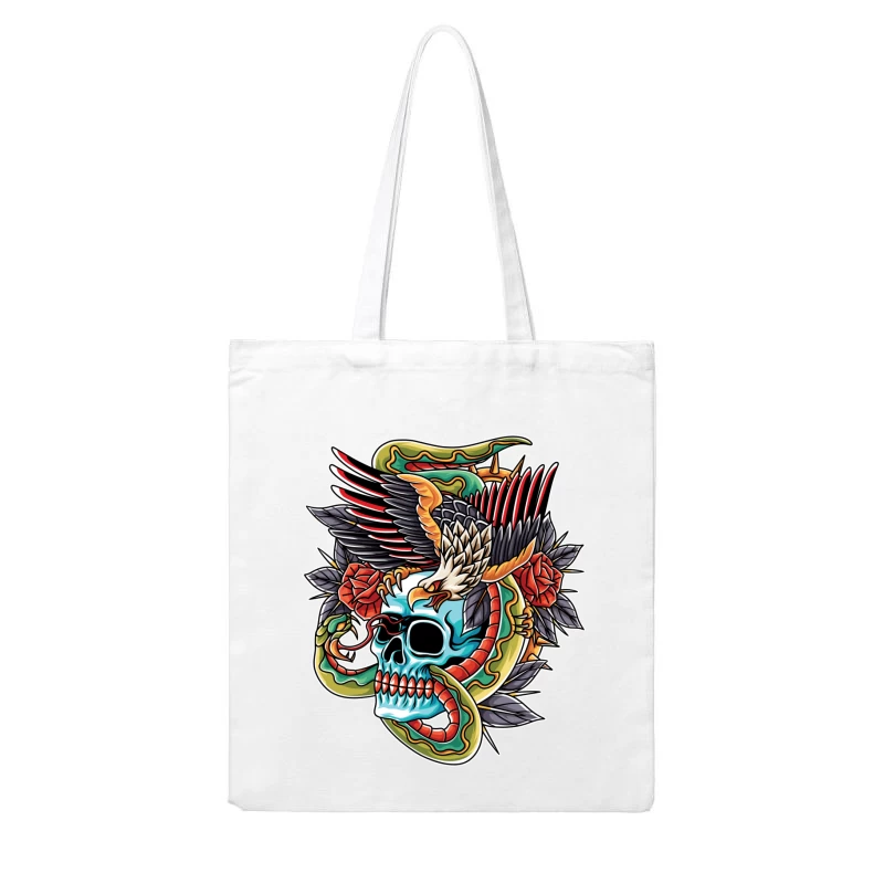 Colorful Tattoo Design Featuring a Skull, Eagle, and Snake Cotton Tote Bag