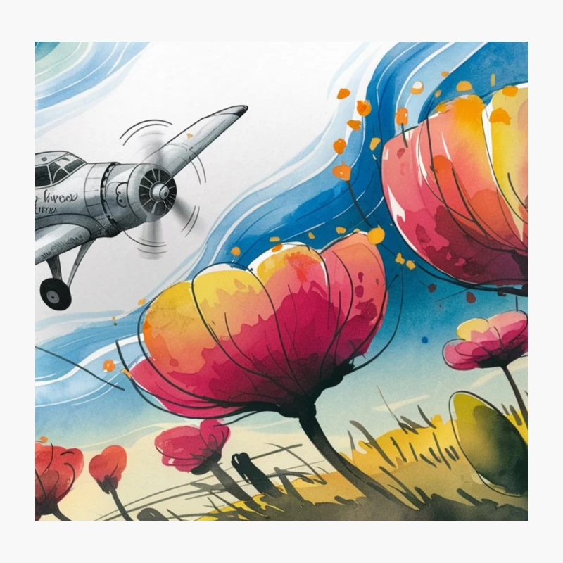 Surreal Illustration: Airplane Soaring Over Vibrant Poppies Throw Pillow
