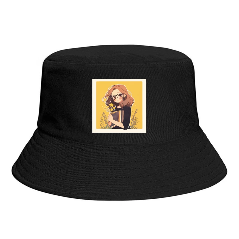 Bookish Girl with Yellow Flowers - Anime Style Illustration Bucket Hat