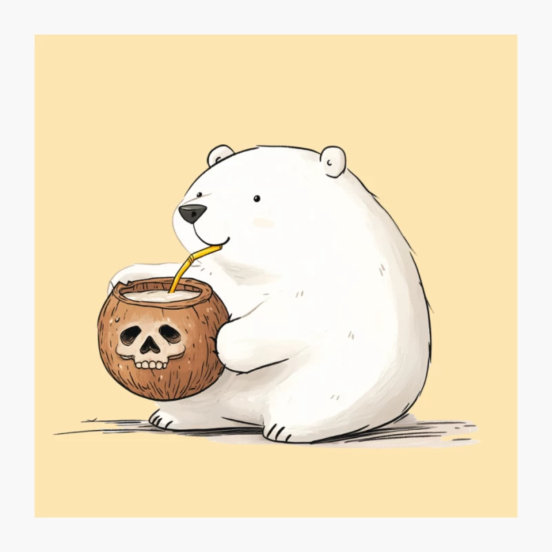 Cute Polar Bear Drinking from Halloween Coconut Skull Pin