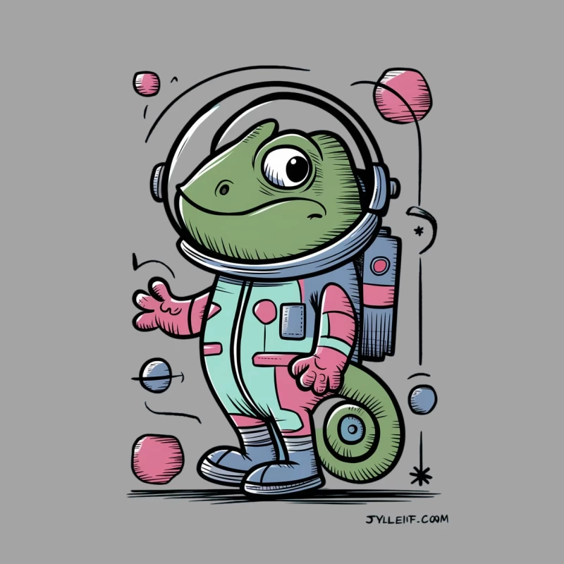 chameleon astronaut space cartoon illustration cute colorful whimsical Male T-Shirt