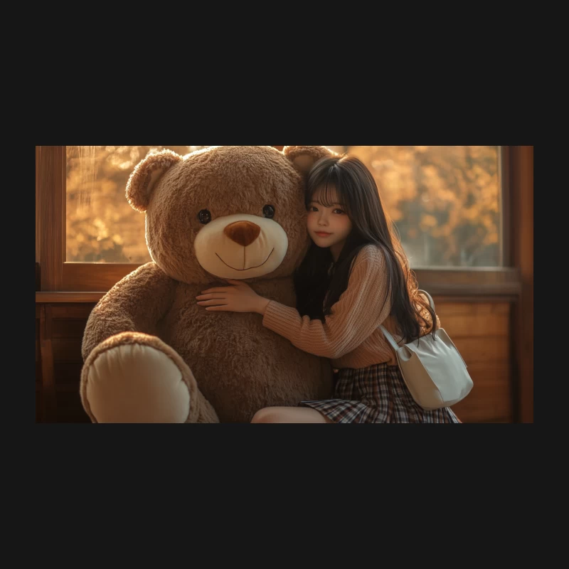 Cozy Comfort: Child Hugging Large Teddy Bear by Window Desk Mat