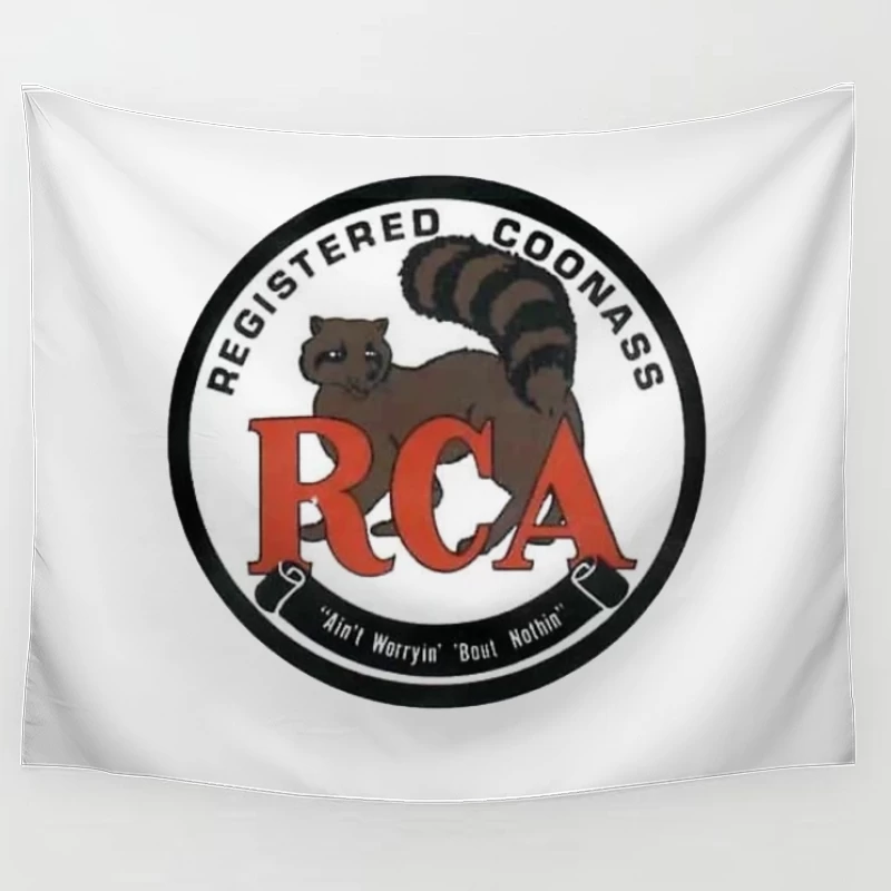 Registered Coonass RCA Logo with Raccoon Mascot and Humorous Slogan Tapestry