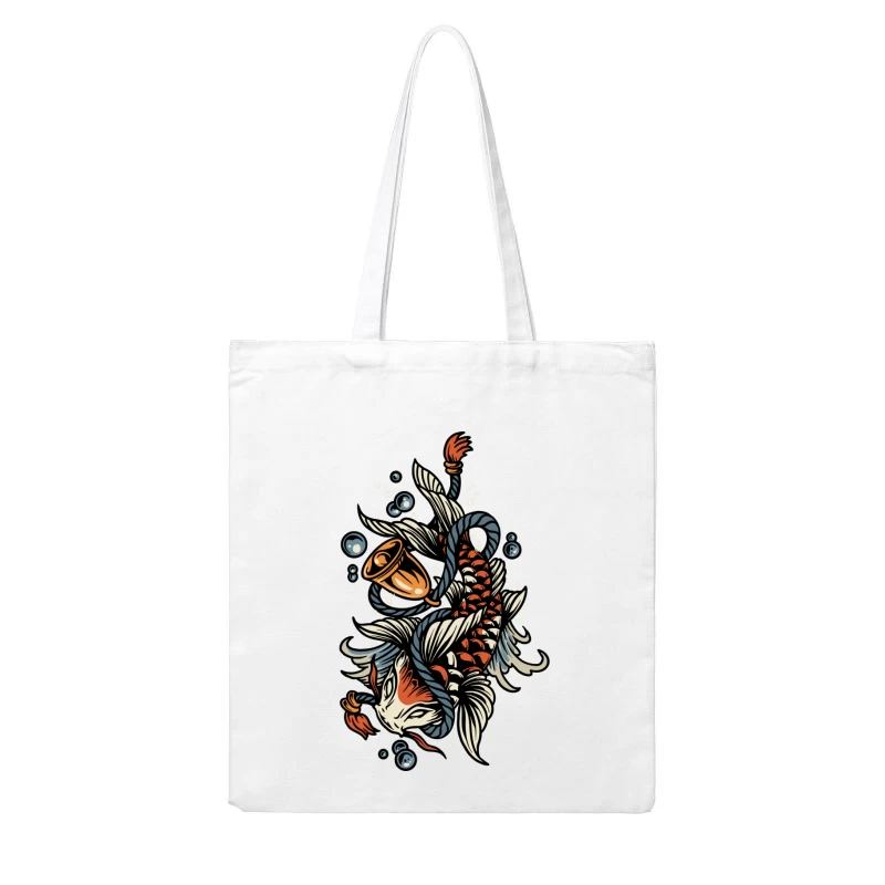 Koi Fish Tattoo Illustration with Bubbles Cotton Tote Bag