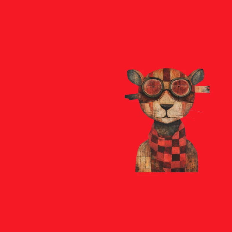 Whimsical Wooden Tiger with Aviator Goggles and Checkered Scarf Bucket Hat