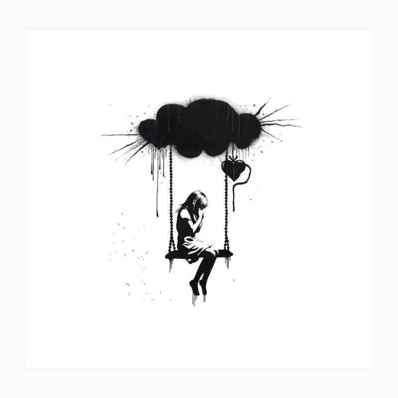 Lonely Silhouette on Rainy Cloud Swing: A Graffiti-Style Depression Metaphor Throw Pillow