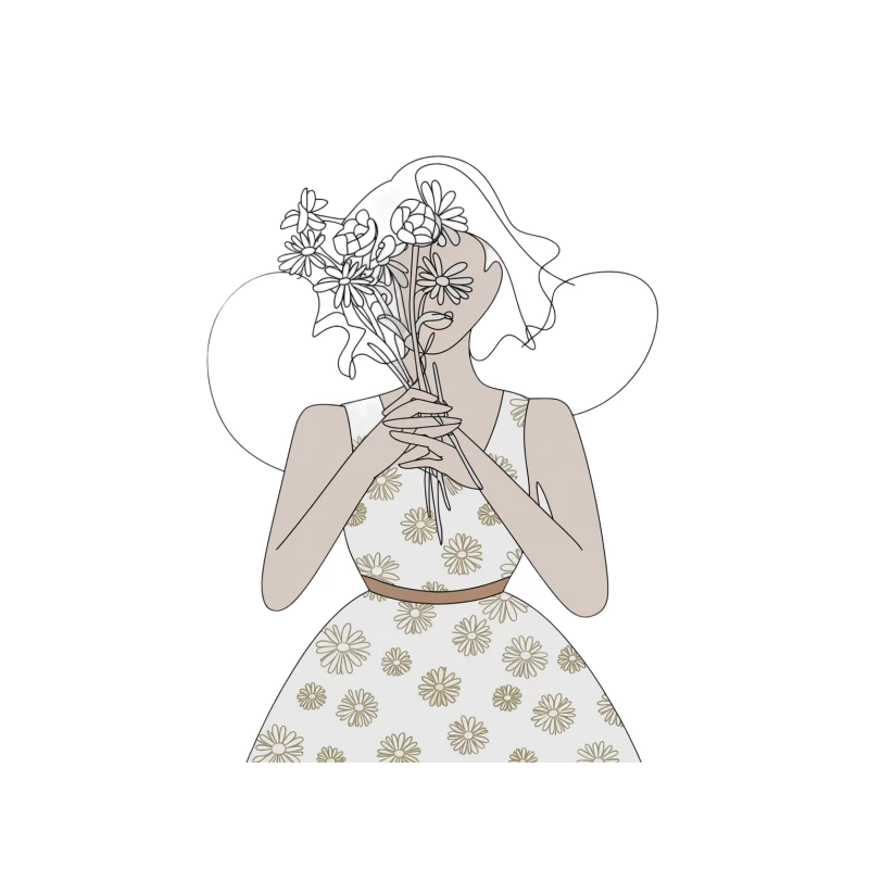 Elegant Line Art Illustration: Woman in Floral Dress Holding Bouquet Tapestry