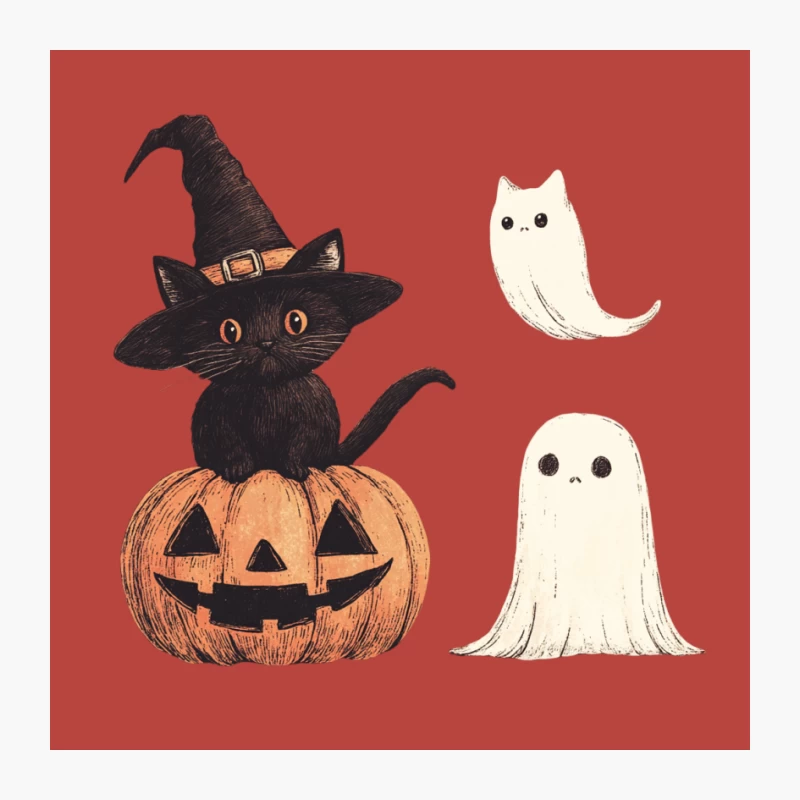 Cute Halloween Cartoon with Black Cat, Pumpkin, and Ghosts Pin