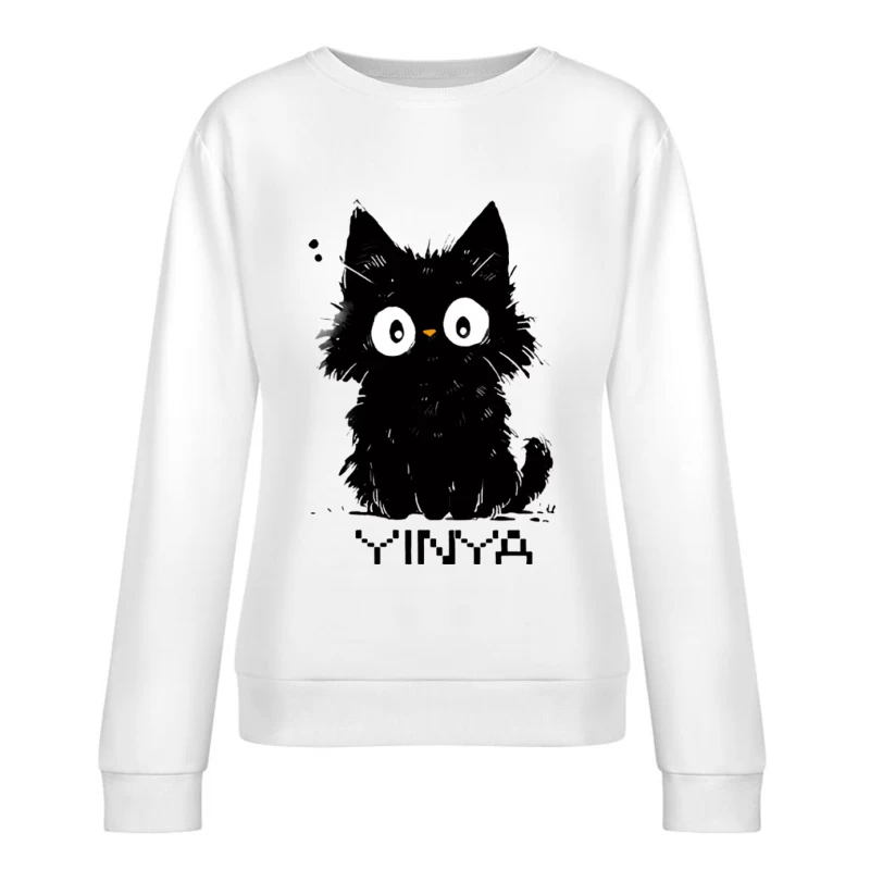 Schwarze flauschige Katze Illustration Damen Pullover Sweatshirt