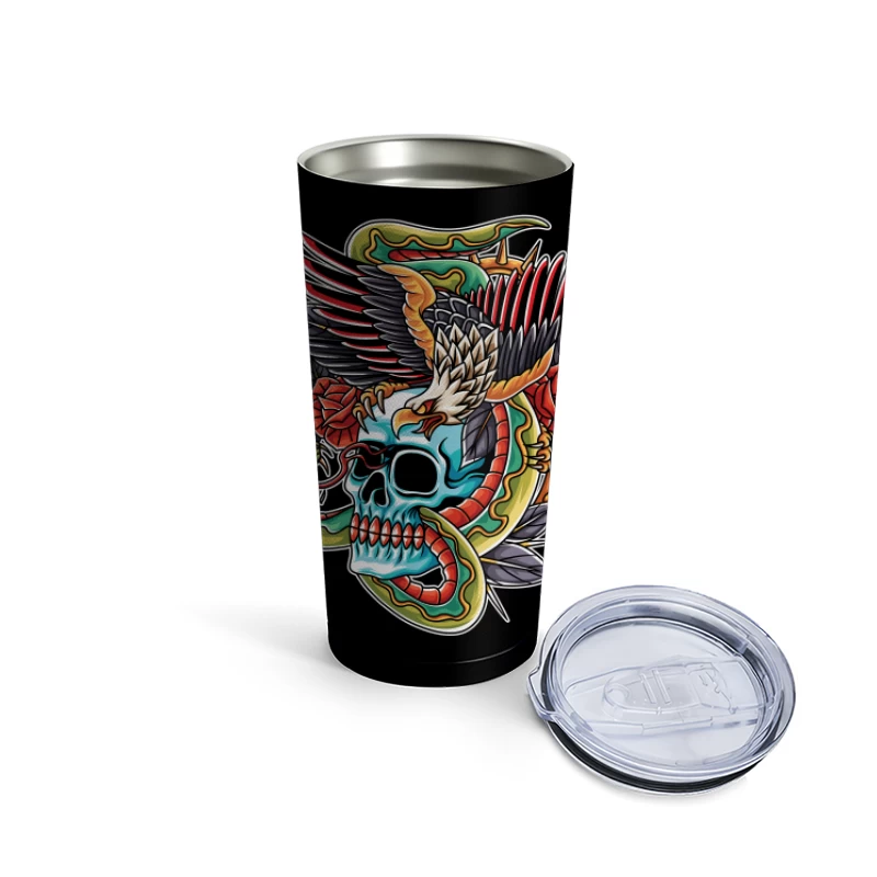 Colorful Tattoo Design Featuring a Skull, Eagle, and Snake Travel Mug