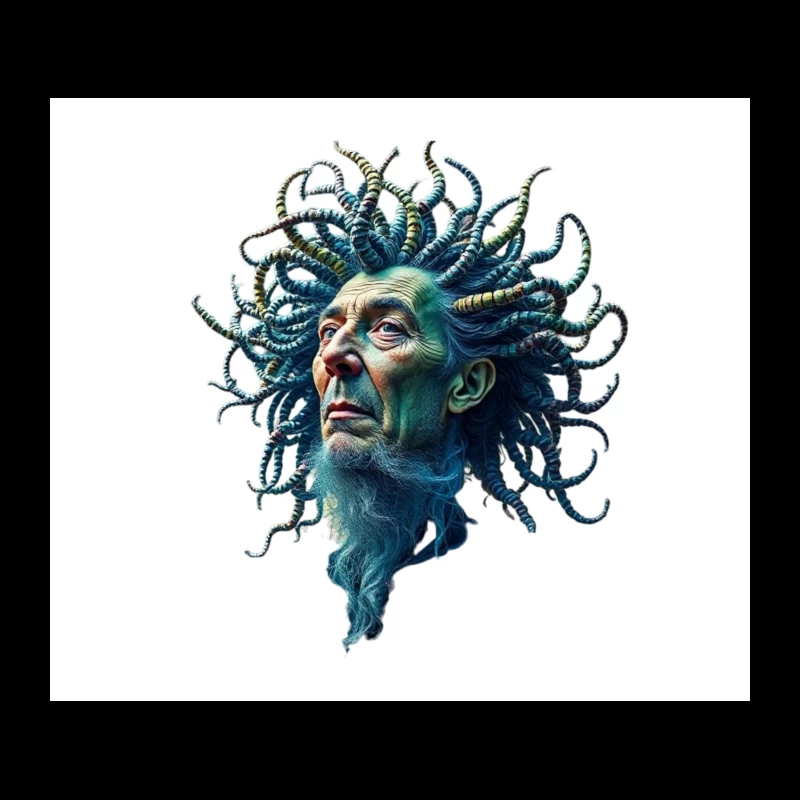 Surreal Medusa-Inspired Portrait with Blue Tentacles Tapestry