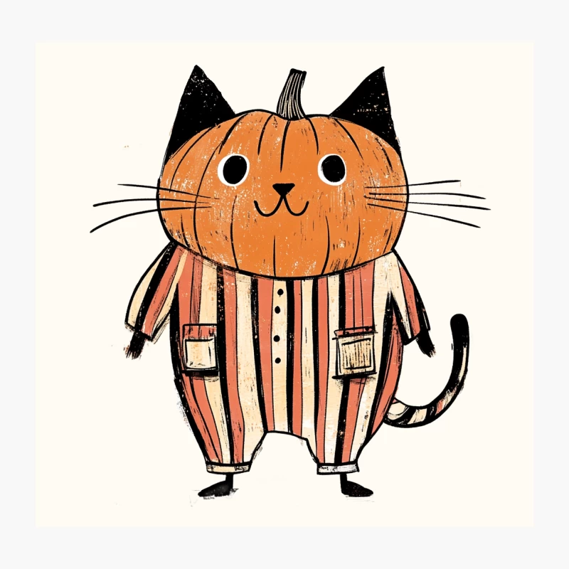 Whimsical Halloween Pumpkin Cat in Striped Outfit Throw Pillow