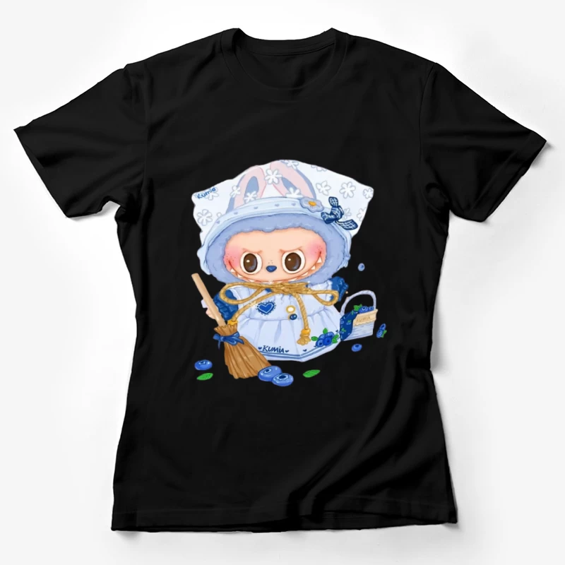 Niedliches Kaninchen mit Besen in Blau und Weiß Damen T-Shirt