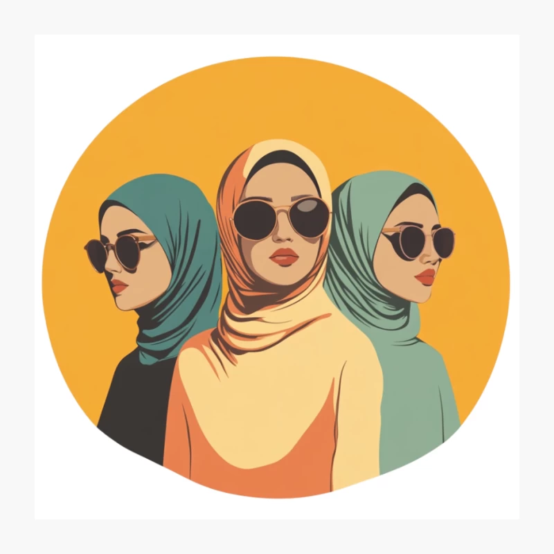 Diverse Women in Hijabs and Sunglasses: Modern Fashion Illustration Pin