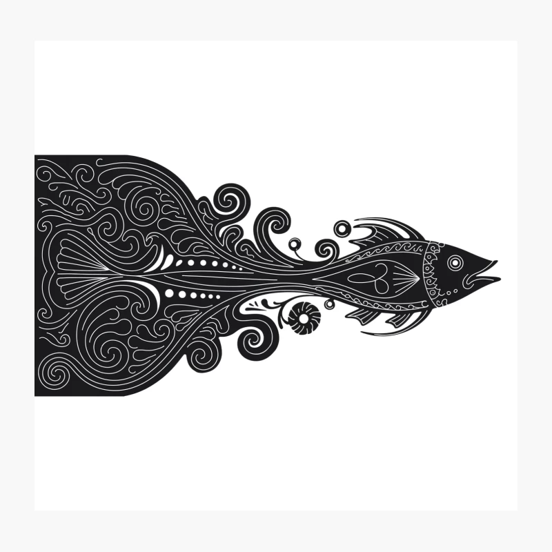 Ornate Black and White Fish Illustration with Intricate Swirls Throw Pillow