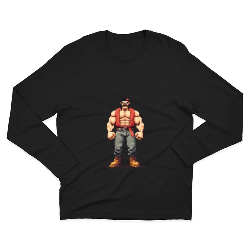 Retro Pixel Art Muscular Fighter in Red Vest Male Long Sleeve T-Shirt