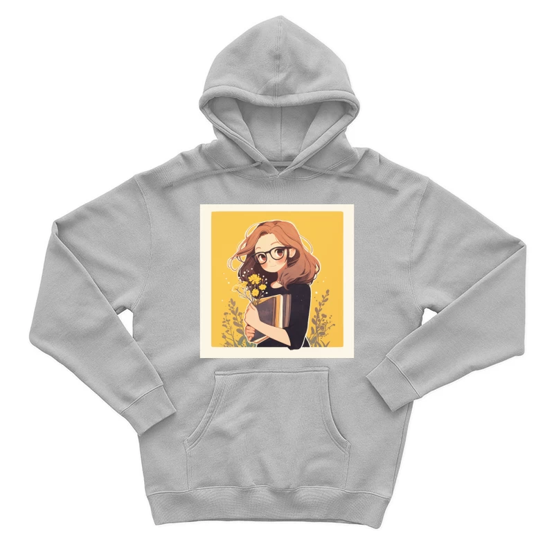 Bookish Girl with Yellow Flowers - Anime Style Illustration Male Pullover Hoodie