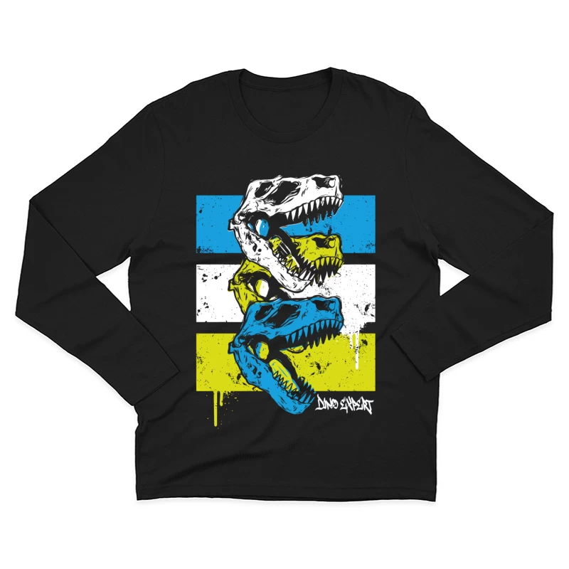 Layered T-Rex Skulls: Grunge Street Art Aesthetic Male Long Sleeve T-Shirt